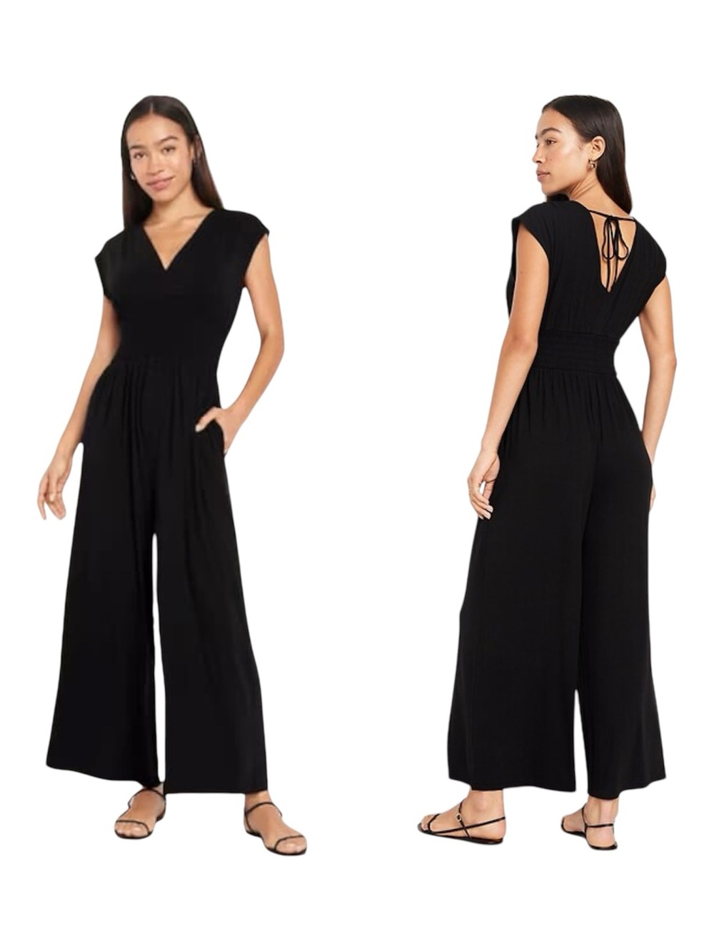 Old Navy Waist-Defined Wide-Leg Shirred Black Sleeveless Jumpsuit
